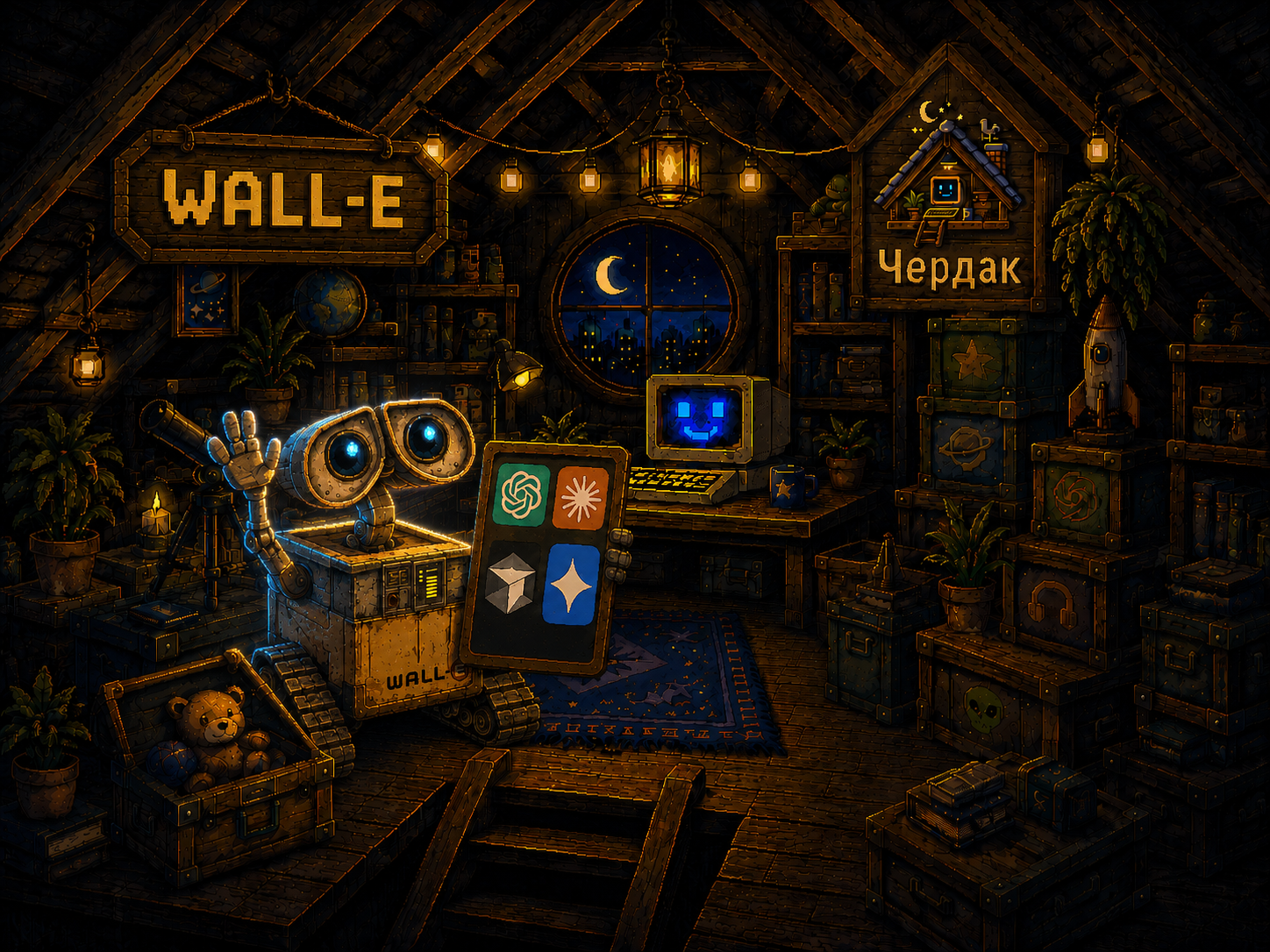 WALL-E на чердаке держит планшет с ChatGPT, Claude, Gemini и Cursor